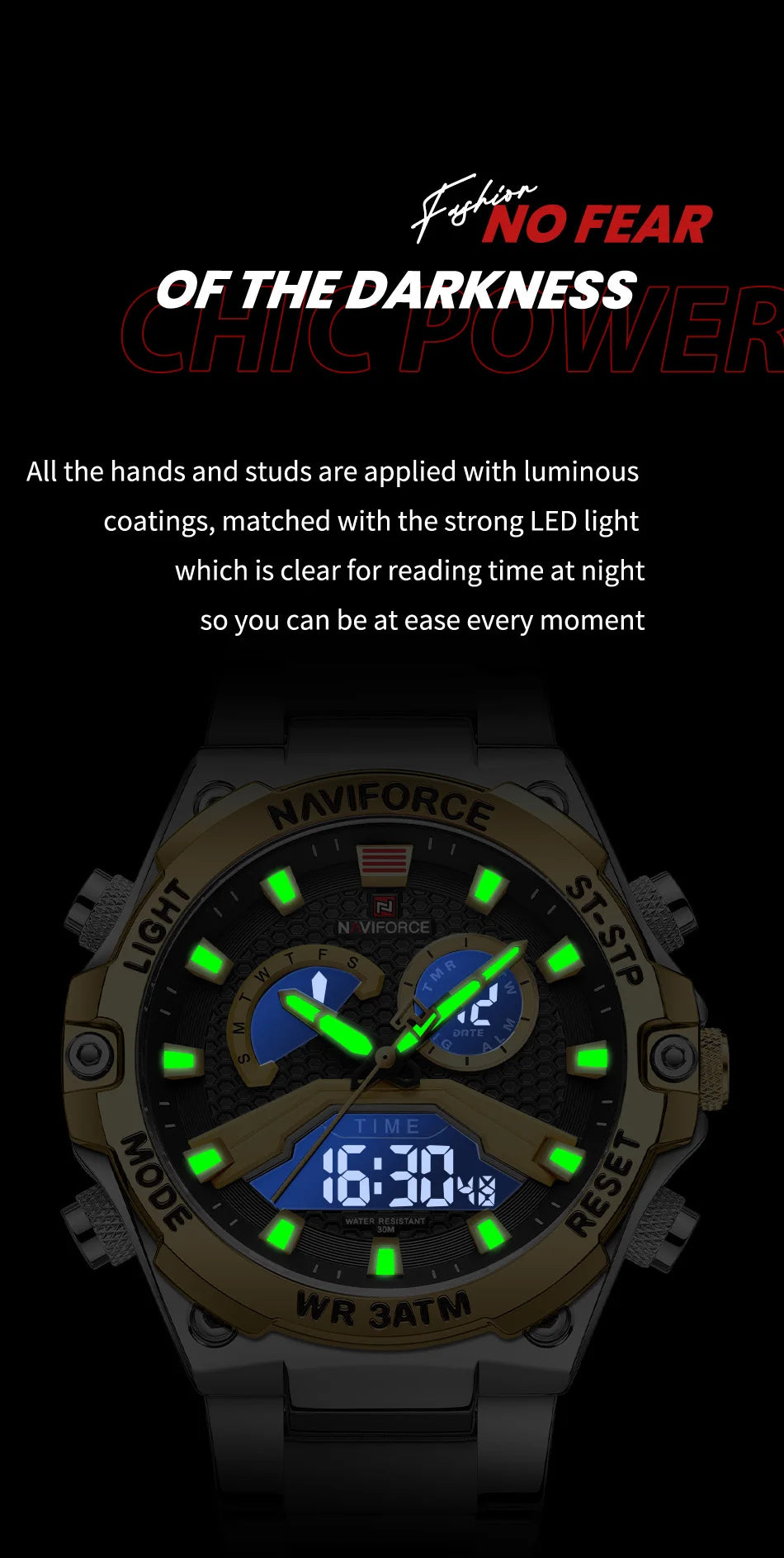 Men Military Quartz Luminous Dual Display Waterproof  Digital Alarm Watch